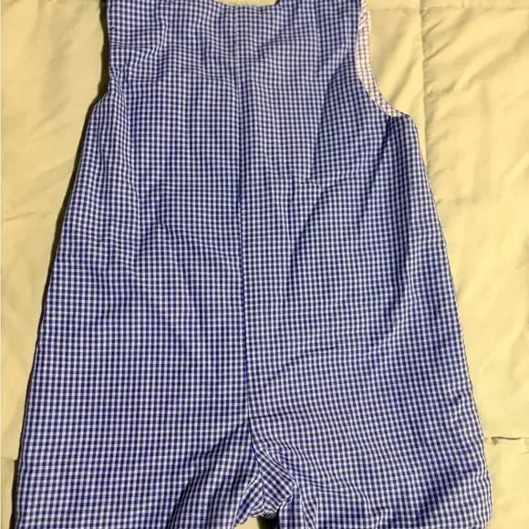 Blue Gingham Baby Romper 6M Colorful Car Applique One Piece Outfit - Picture 3 of 4